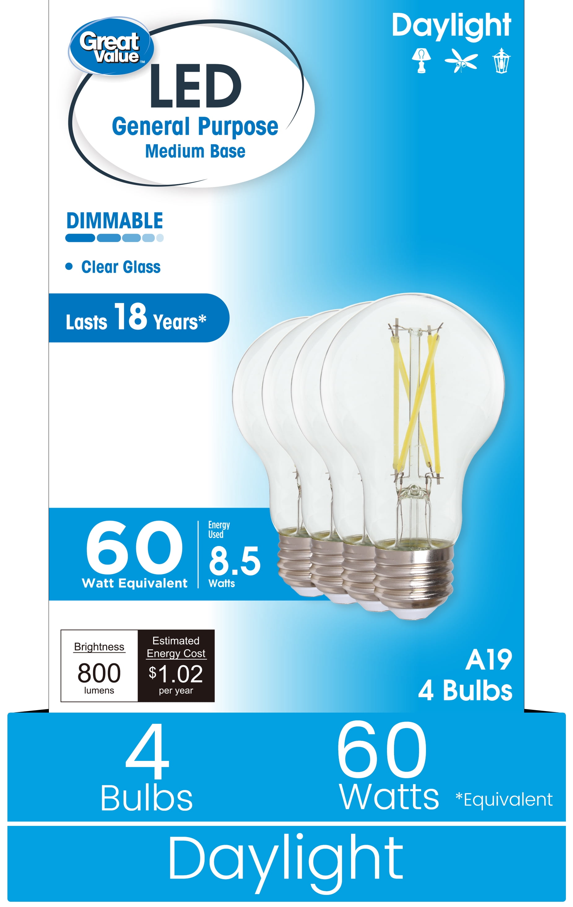 (2 pack) Great Value 18YR A19 LED Light Bulb, 8.5W(60W Equivalent) Dimmable Daylight E26 Medium Base, 4 Pack