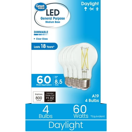 Great Value 18YR A19 LED Light Bulb, 8.5W(60W Equivalent) Dimmable Daylight E26 Medium Base, 4 Pack