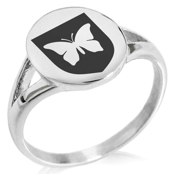 Stainless Steel Butterfly Free Spirit Coat of Arms Shield Minimalist Oval Top Polished Statement Signet Ring