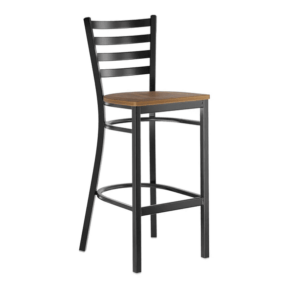 Black Ladder Back Metal Restaurant Barstool with Vintage Wood Seat - Commercial Quality Metal Restaurant Barstool