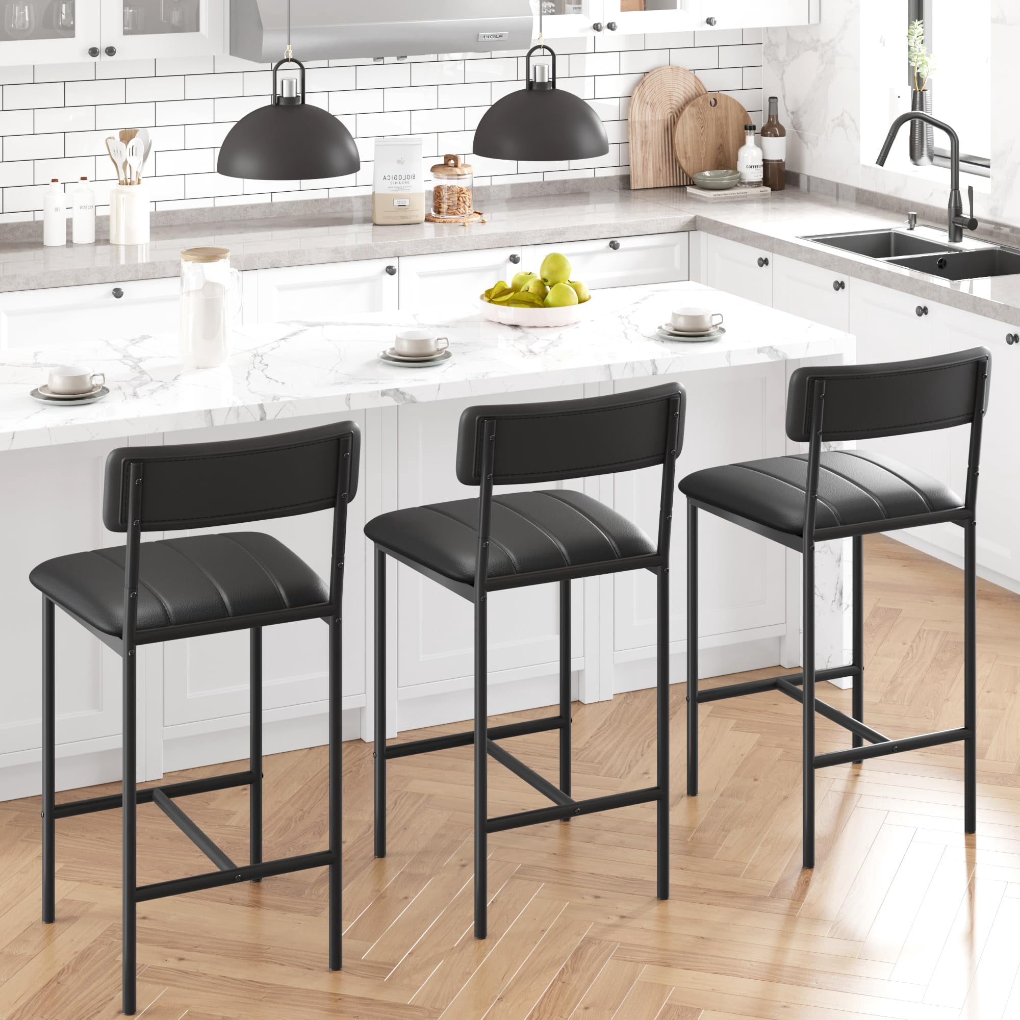 Maritcute Bar Stools Set of 2, Counter Height Bar Stools with Footrest, PU Leather Kitchen Barstools, Bar Chairs with Back for Kitchen Island, Apartment, Counter Bar, Easy Assembly, Classic Black