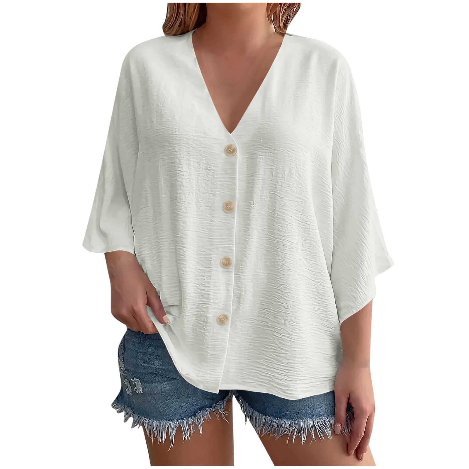 2 Pack Button-Down Shirts for Women Plus Size L-4X Lightweight 3/4 Sleeve Blouses Tops Womens Casual Solid Color Loose V Neck Beach Cover Ups Tees Top