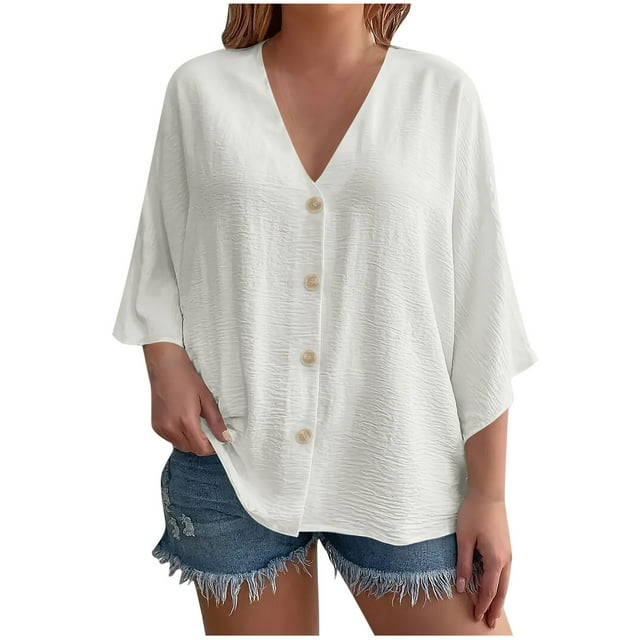 Diufon Women's Button Down Shirts 3/4 Sleev V Neck Tunic Blouses Plus Size Loose Flowy Cardigan Tops