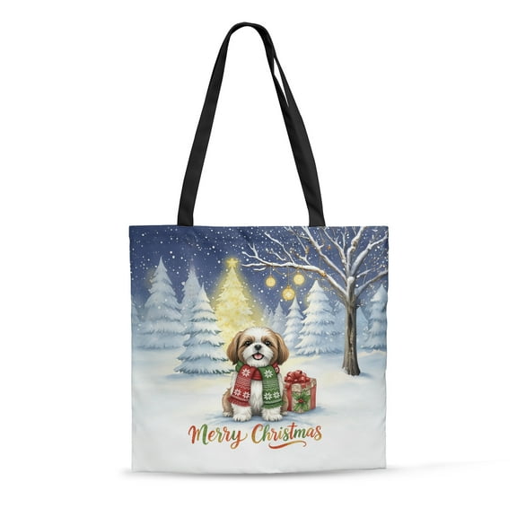 Merry Christmas Shih Tzu Snowy Winter with Gifts Tree Decorations All Over Print 3D Canvas Tote Bag Lion Dog Lover Gifts Reusable Handbag - 12020