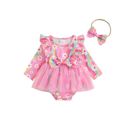 

Awevudst Baby Romper Dress Long Sleeve Daisy Print Romper with Headband