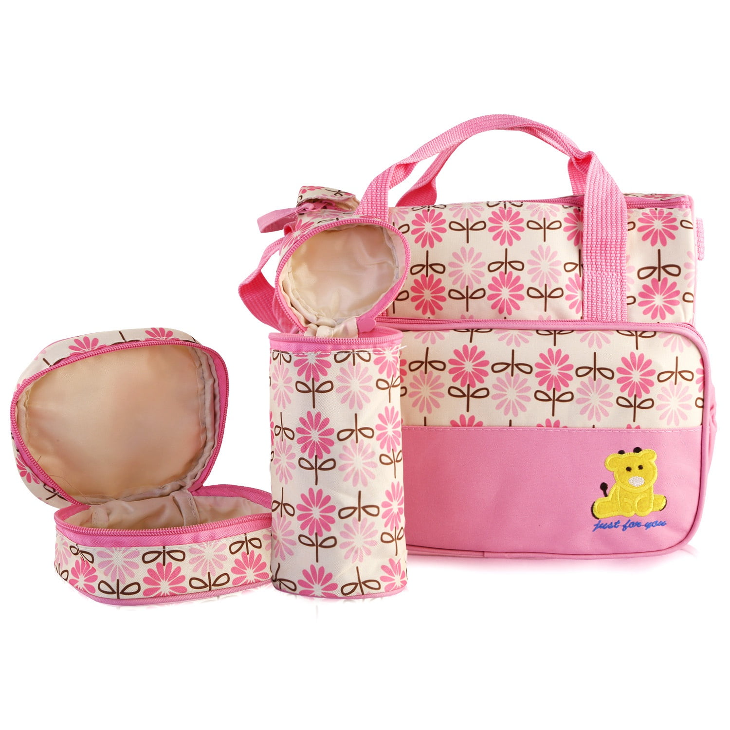 5Pcs Tote Diaper Bag TeqHome Nappy Changing Bag Adjustable Shoulder Strap Mummy Bag with Bottle Holder Pink