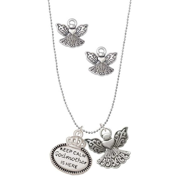 Delight Jewelry Keep Calm Godmother is Here Silver tone Guardian Angel Charm Necklace and Stud Earrings