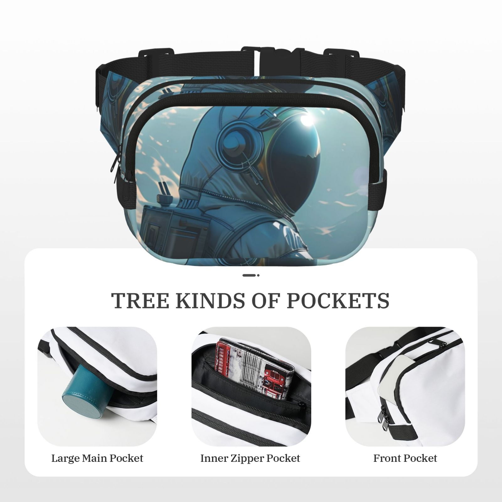 Picia Astronaut Contemplating Planet Print Square Double-Layer Waist Bag Mini Adjustable Waist Belt Bag Exercise Running Travel Hiking