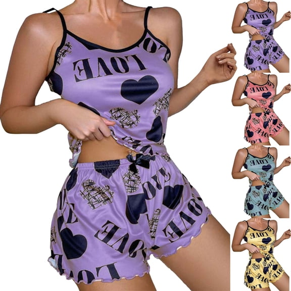 FCLoft Pajamas for Women Cute Print 2 Piece Sleeveless Cami Top & Shorts Soft Lounge Sleepwear Set