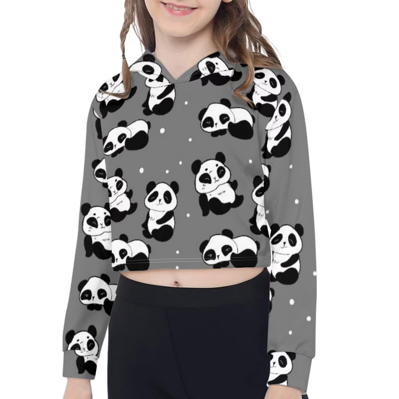 NETILGEN Pandas Pattern Cute Crop Top Hoodies for Teen Girls Comfort Slim Y2K Crop Tops Pullover Sweatshirt Casual Kids Long Sleeve Crop Top Hooded