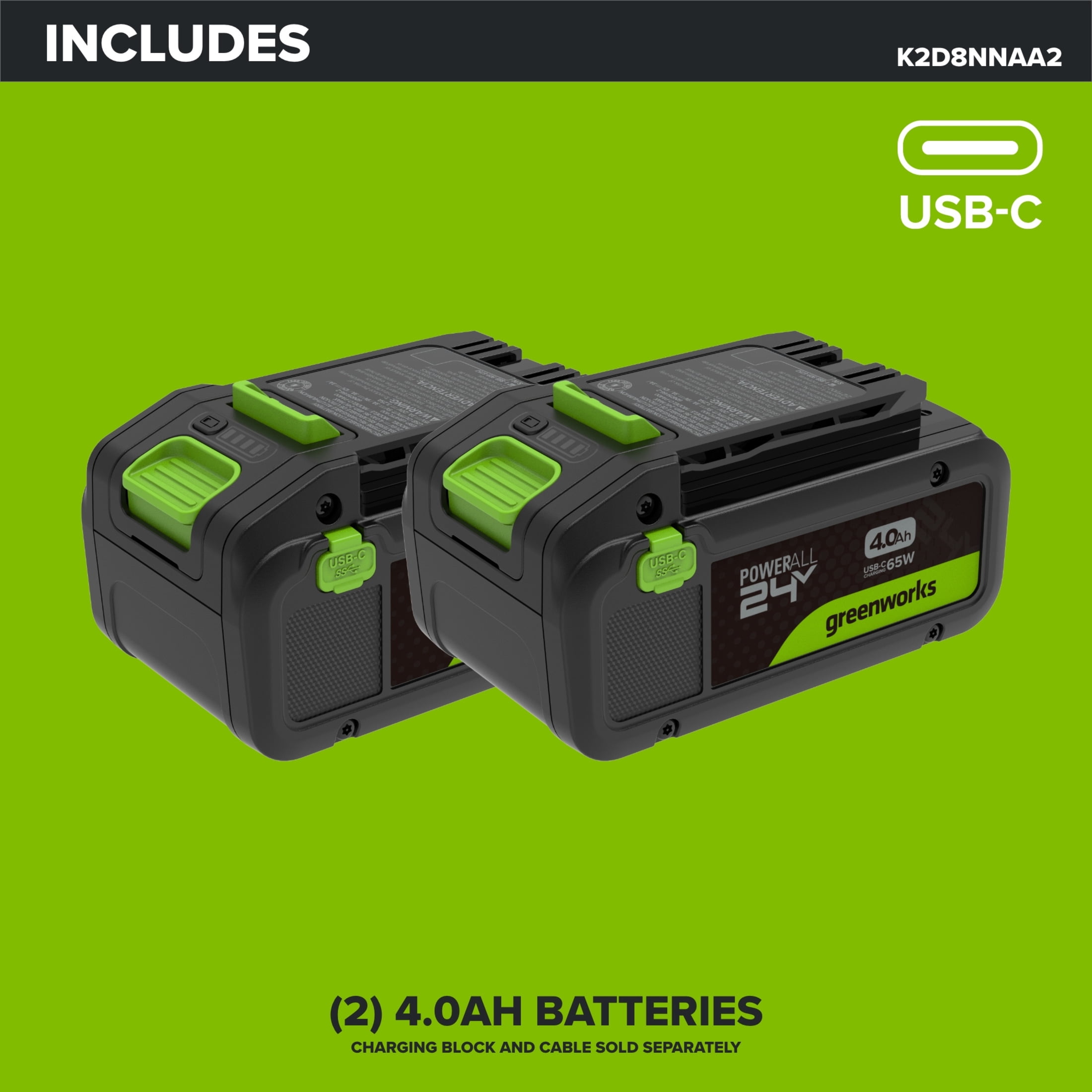 Greenworks PowerAll 24V Battery 2-Pack, with (2) 4.0 Ah Batteries, Longer Lasting Power
