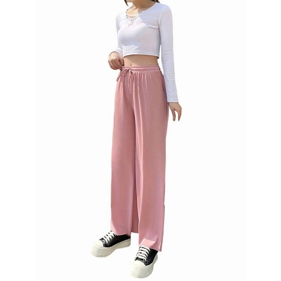 Womens Waffle Knit Lounge Wide Leg Pants High Elastic Waist Flowy Sweater Pants with Drawstring Pink XXXL