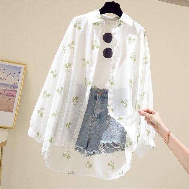 Mickey Mouse Blouse Ladies Long Sleeve Women Shirt Beach Shirts Kawaii Cartoon Summer Disney Clothes Cover-Up Top CasualXL Gao Jinjia LED