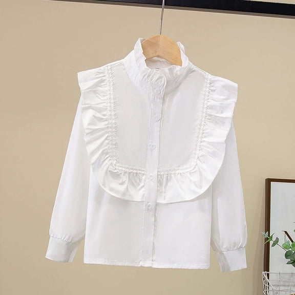 Elegant Girls Long Sleeve Party Blouse Ruffled Button Down Shirt for School and Occasions T-Shirts Kids Short Sleeve Crewneck Solid Basic Tees Casual Tops