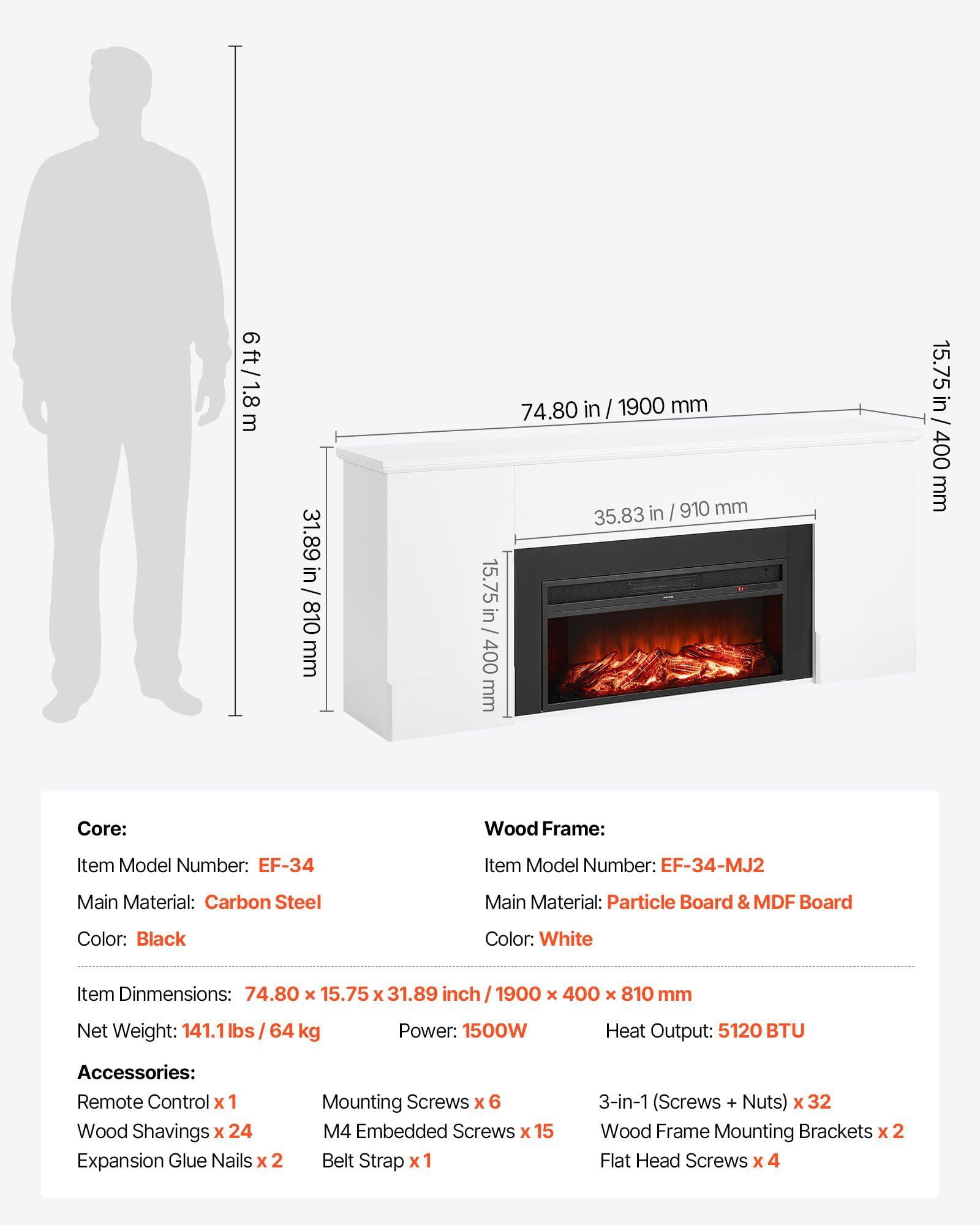 75 Inch White Freestanding Electric Fireplace with Mantel - 1500W Heater, Realistic Flame, Remote Control, Timer, Overheat Protection for Indoor Use in Living Room & Bedroom