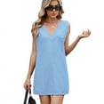 thumbnail image 3 of Women'S Summer Denim Mini Dress V Neck Sleeveless Casual Loose Jean Tank Dresses Light Blue XL, 3 of 9