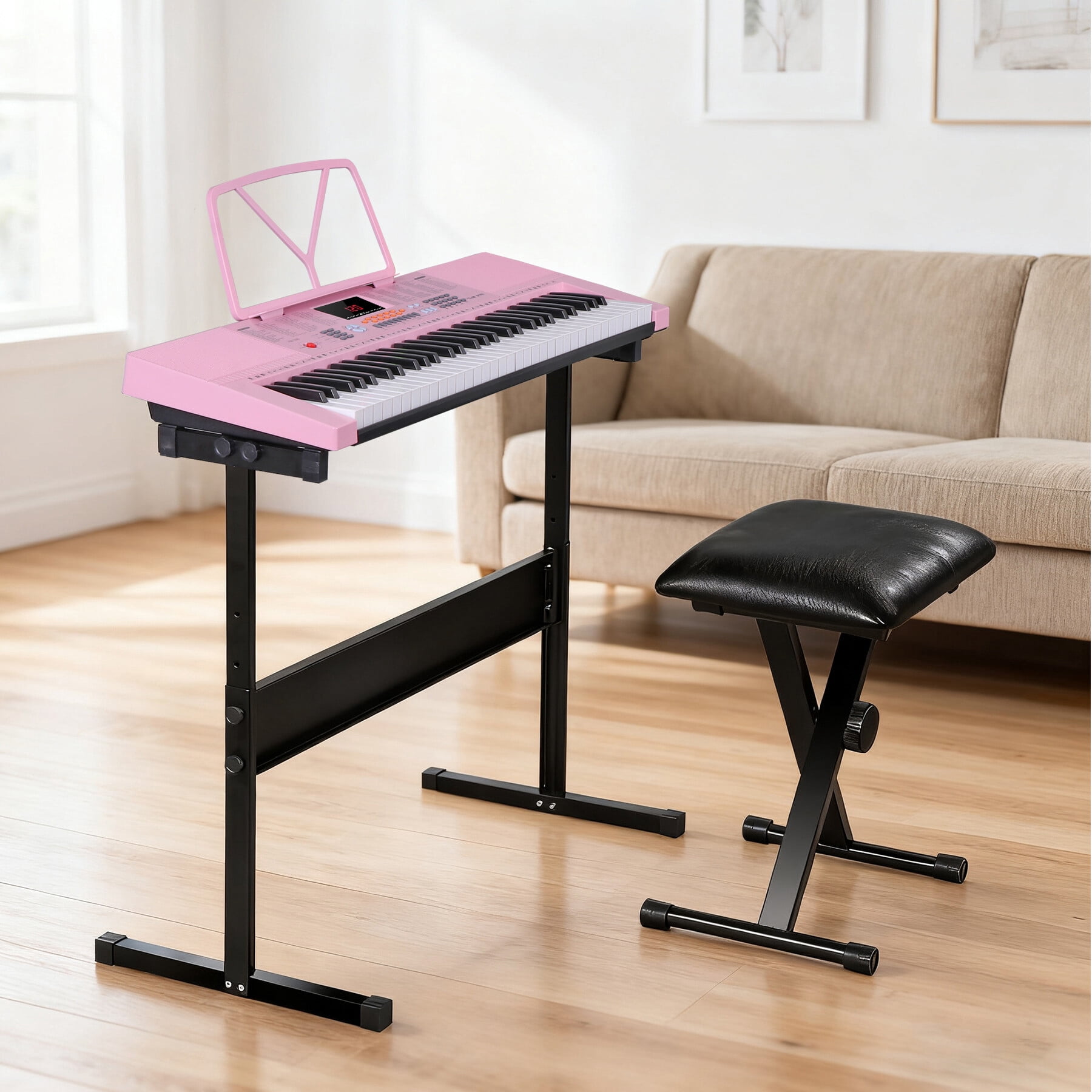 ZENY 61-Key Portable Electronic Piano LED Display Keyboard Kit W/ Music Stand, Headphones, Microphone, Pink