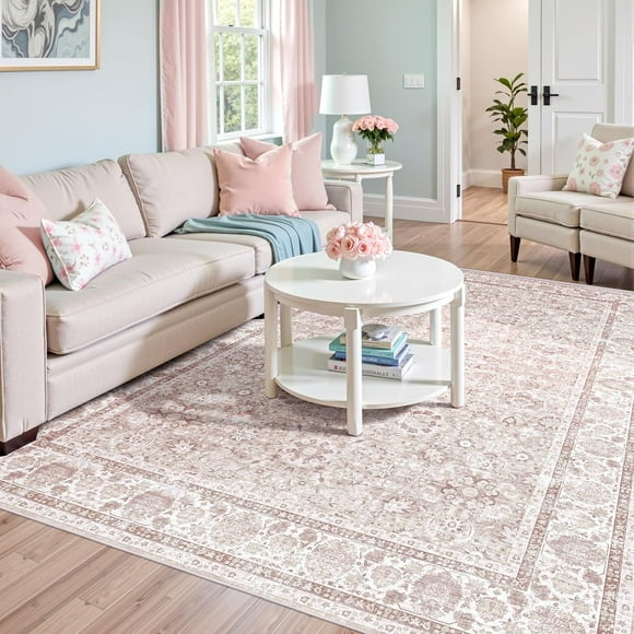 SHIQI-Large Pink 6x9 Rugs for Living Room, Vintage Rug Boho Washable Area Rug with Non-Slip Backing, Indoor Carpet for Bedroom Girl Room