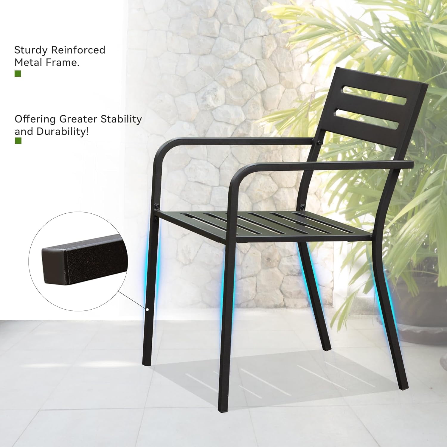 Domi Set of 4 Patio Dining Chairs, Heavy Duty Metal Outdoor Chairs with Ergonomic Armrests, Stackable Garden Chairs for Backyard, Lawn, and Patio Furniture – Black
