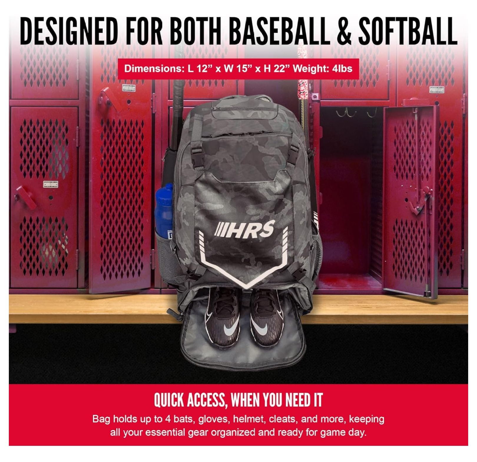 Baseball Bag, Softball Bat Bag for Youth & Adult. Holds 4 Bats, Glove, Water Bottle, Shoe Compartment, Helmet, Fence Hook for Equipment & Gear