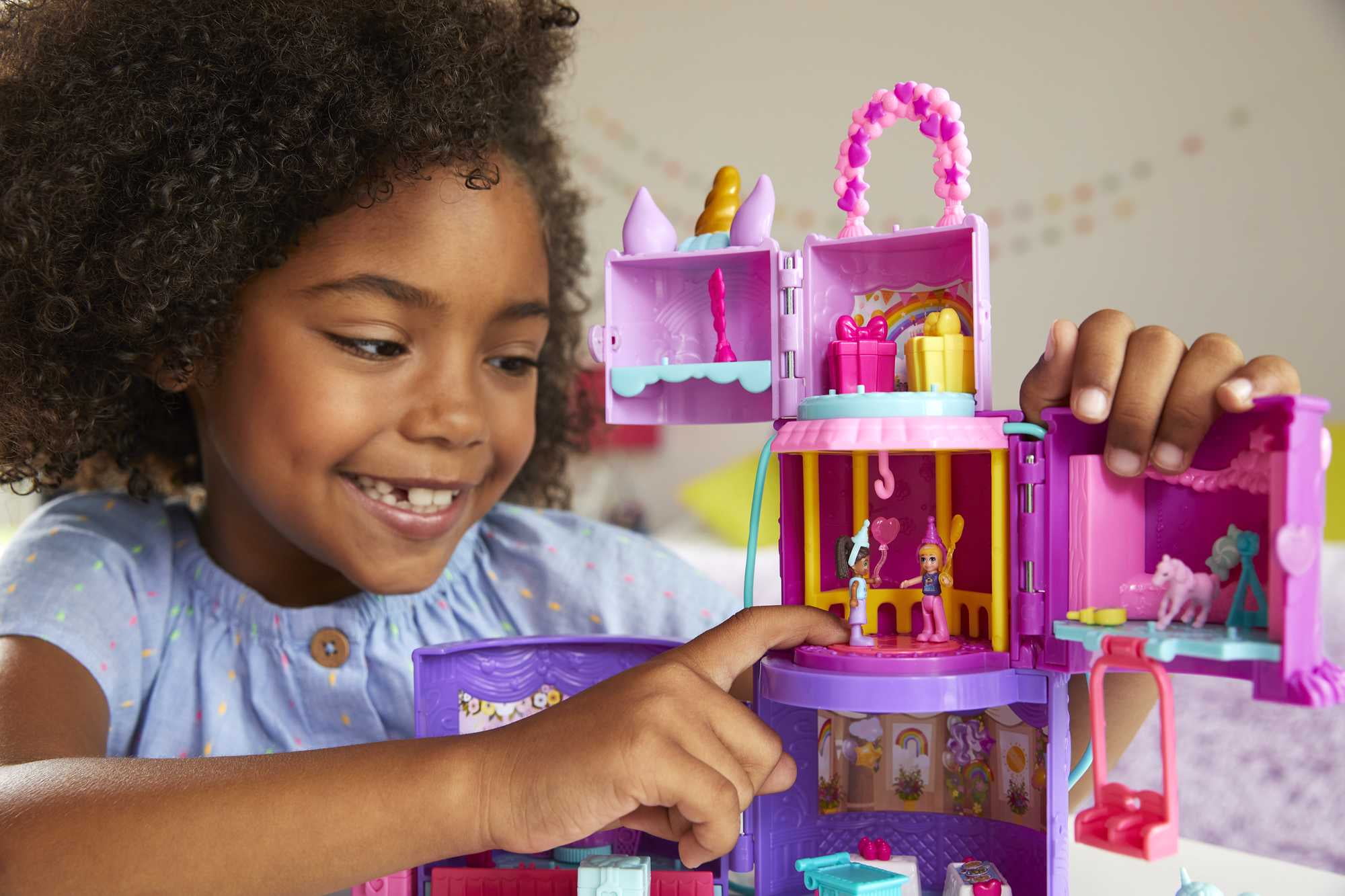 Polly Pocket 2-in-1 Spin 'n Surprise Birthday, Unicorn Toy with 2 Micro Dolls, Multi-Color
