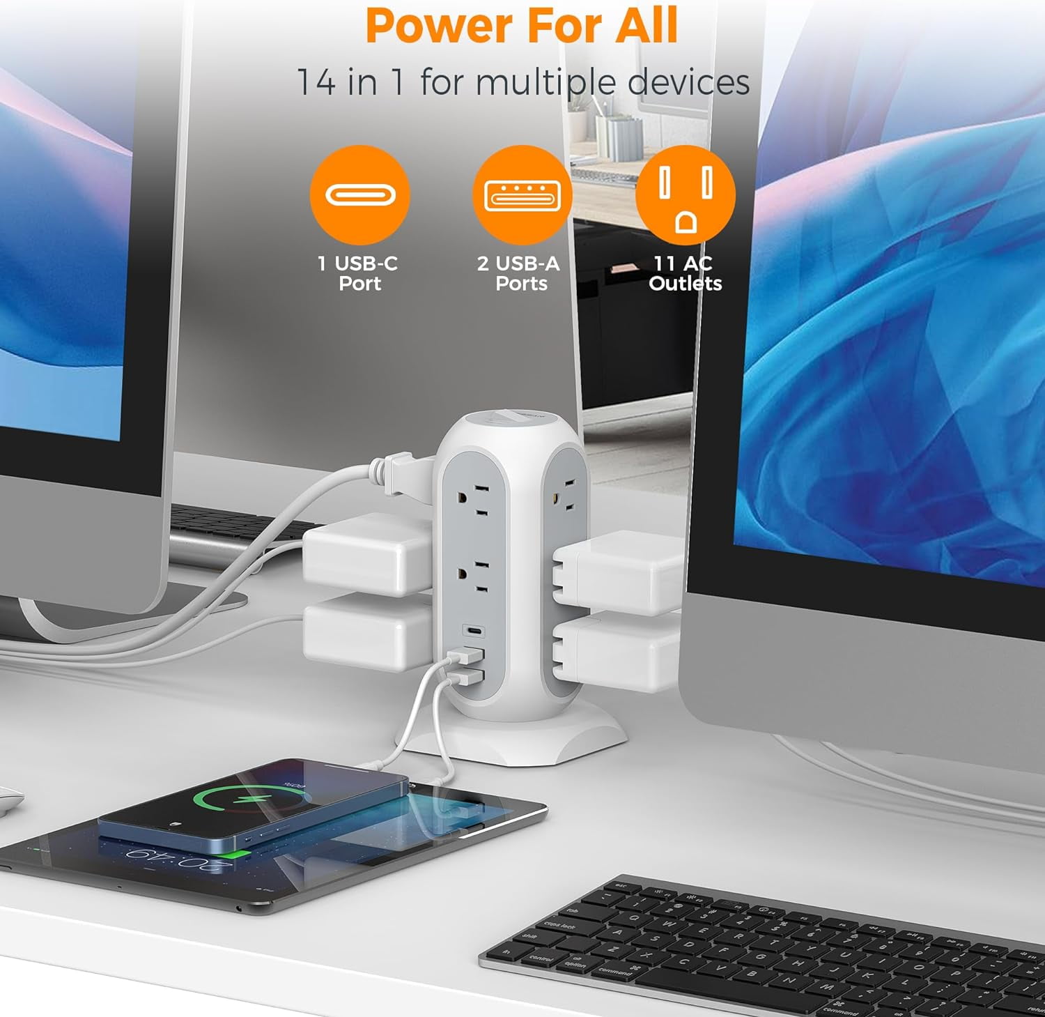 YUNZII Surge Protector Power Strip Tower, 11 Outlets 3 USB Ports (1 USB C), 6FT Flat Plug, 1050J, Black