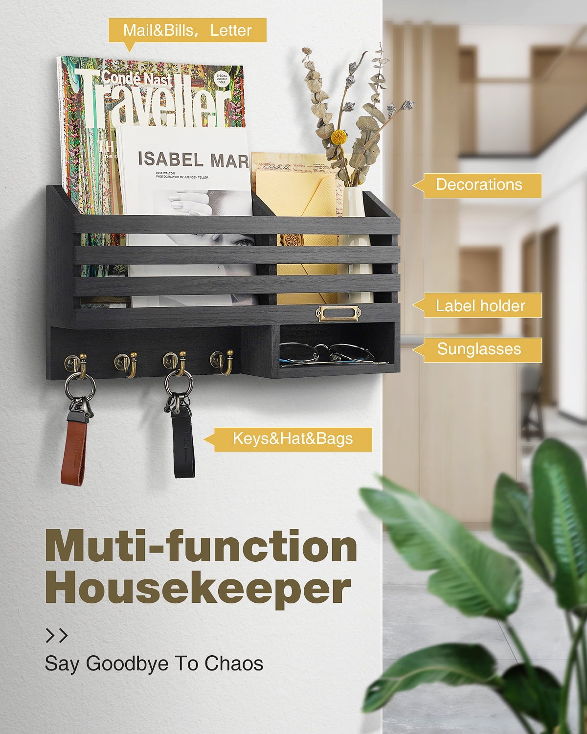 Key Holder for Wall,Dinosam Double Mail Organizer Wall Mount with Store Shelf and 4 Sturdy Hooks,Hanging Key Rack Hanger for Entryway, Hallway, Bedroom, Living Room and Office,Black