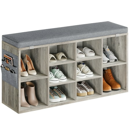 Sangdo Shoe Storage Bench Entryway Shoe Rack Bench with Cushion Seat, 10 Compartments Shoe Organizer for Hallway, Bedroom, Grey