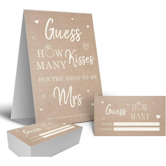 Guess How Many Kisses Game for Bridal Shower – Kraft Rustic Bridal Shower Game for the Bride – Includes 1 Self-Standing 5x7 Sign and 50 Guessing Cards – Wedding Shower Party Game for Guests