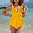 thumbnail image 3 of Women's One Piece Bikini Swimsuit Solid Color High Neck Ruffle Sexy with Removable Bra Pads No Underwire for Beach Vacation,Yellow,XL, 3 of 6