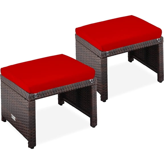 Sunny Lane Set of 2 Wicker Ottomans, Multipurpose Outdoor Furniture for Patio, Backyard, Additional Seating, Footrest, Side Table w/Removable Cushions, Steel Frame - Brown/Red