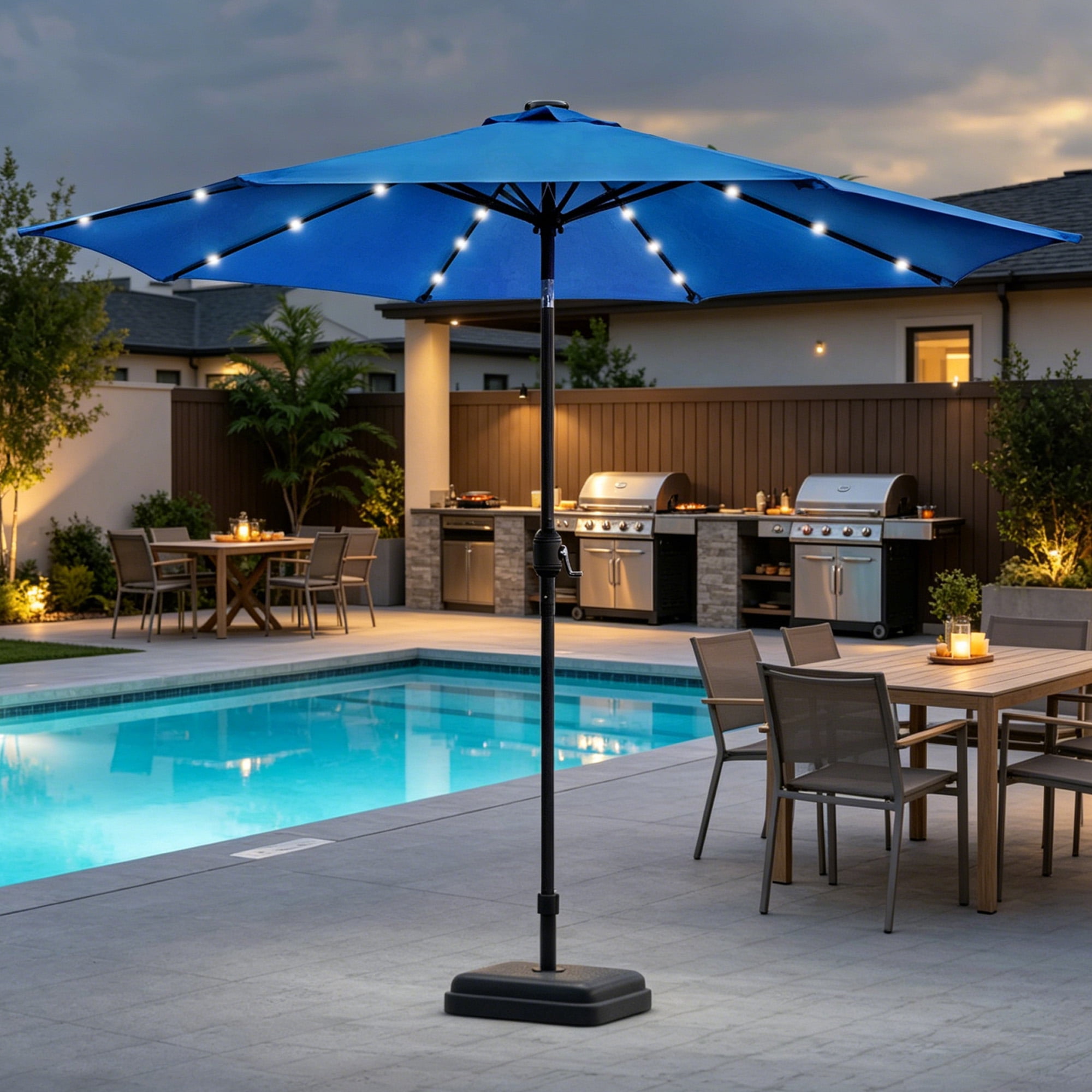 Kool Outdoor 9ft Solar LED Lighted Market Patio Umbrella with Crank and Tilt - Royal Blue