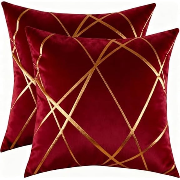 Eryueer Pack of 2 Velvet Cushion Covers 45 x 45 cm Luxury Gold Striped Decorative Throw Pillow Covers Red Soft Square Cushion Case Couch Pillowcases for Sofa Living Room Bedroom