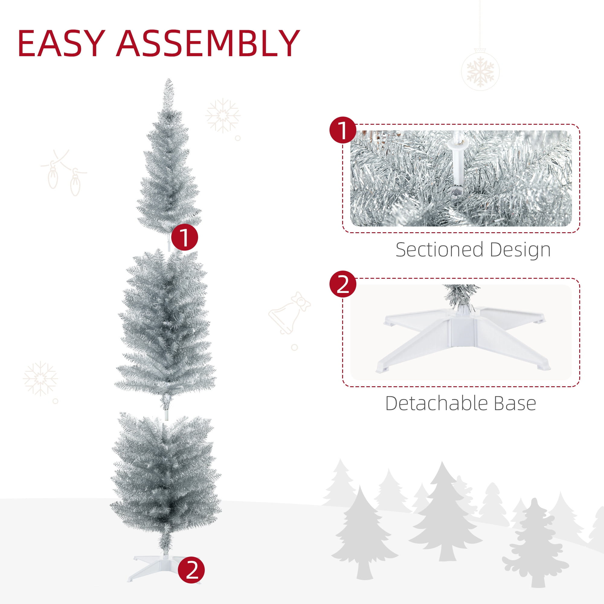 Astoutdoor Artificial Christmas Tree, Silver, Plastic, 7 ft Pencil Style with 499 Tips