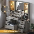 thumbnail image 4 of PUFFCAFE Makeup Vanity Desk with Mirror and Lights,Gray Vanity Table Set with Chair & LED Glass Cabinet,Large Dressing Table for Women, 4 of 8