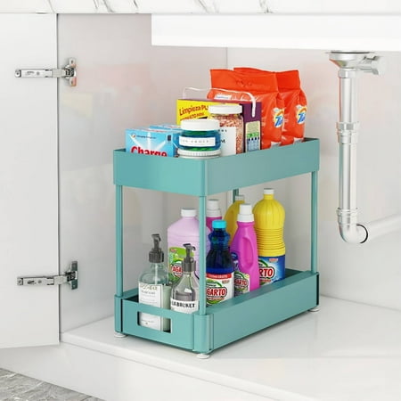 

1 Pack Daxusay Under Sink Organizers and Storage Pull Out Sliding Drawer 2 Tier Multi-purpose Kitchen Under the Sink Organizer Under Bathroom Sink Shelf Storage Rack for Countertop Laundry -Blue