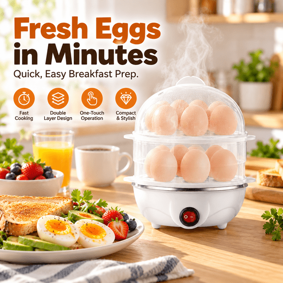 Mini Stainless Steel Double Layer Electric Egg Cooker, Household Breakfast Maker, Small Home Appliance for Soft, Medium & Hard Boiled Eggs, Quick Heating Egg Steamer for Dorm, Apartment, White