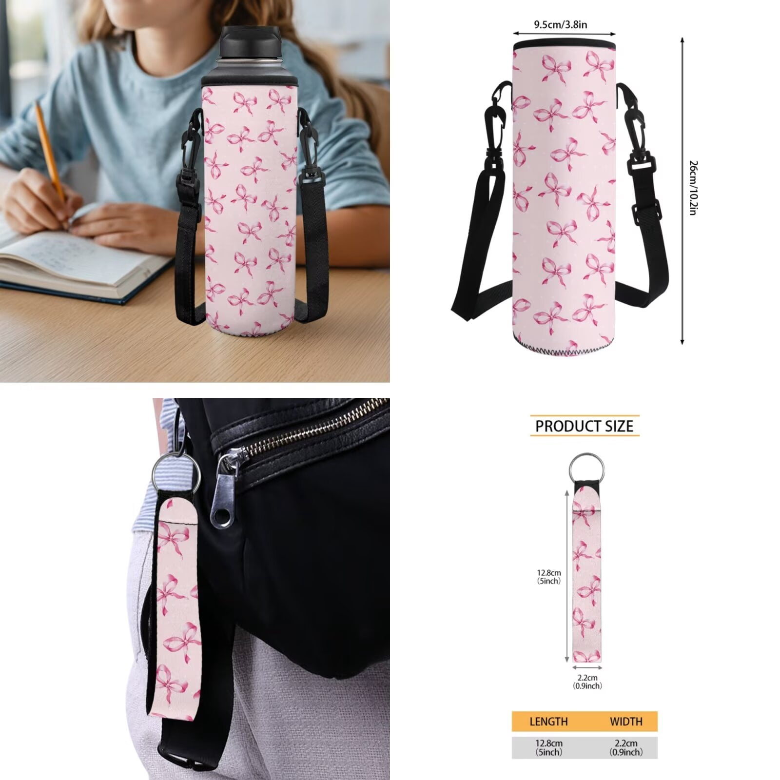 Pzuqiu Pink Bow Print Backpack for Girls 5 Piece School Bookbag with Lunch Bag Lightweight School Bag for Girls 10-12 Elementary Backpack with Water Bottle Holder Pencil Box