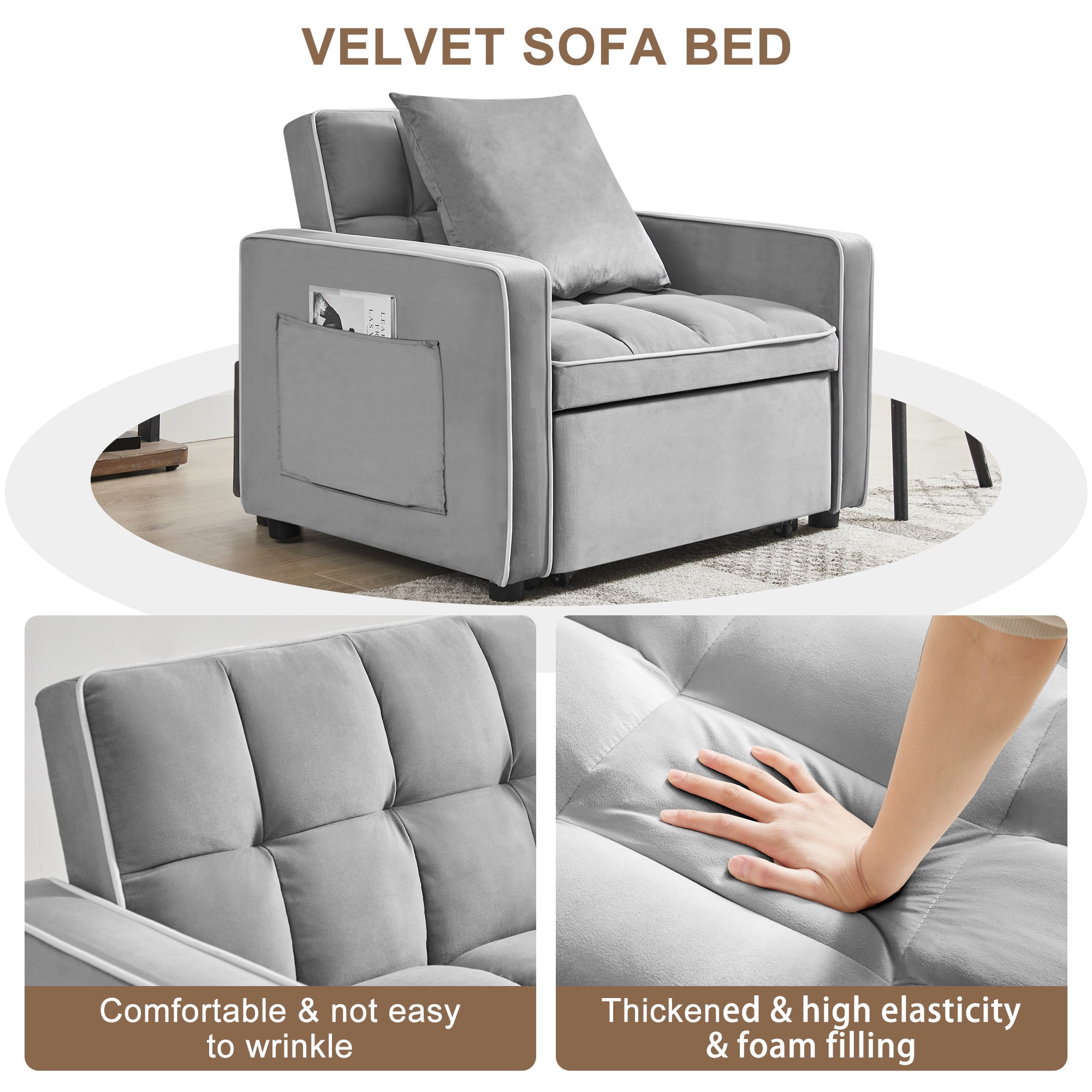 Aukfa Sleeper Chair Bed, Convertible Pull Out Sofa Bed for Living Room Apartment, Gray