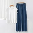 thumbnail image 2 of Two Piece Lounge Outfits For Women Crew Neck Short Sleeve Tops Drawstring Pants Comfy Loose Home Wear (M, White), 2 of 5