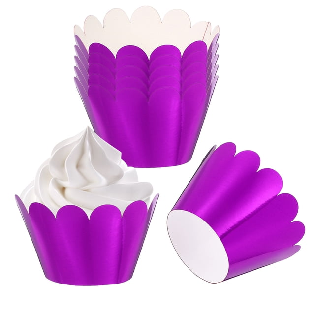 Uxcell Cupcake Wrappers Paper, 50 Pack Baking Cups Decoration for Anniversary Birthday Weddings, Light Gold Reflective Purple