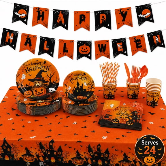 Halloween Party Supplies Halloween Paper Plates and Napkins Halloween Party Decorations Disposable Tableware Dinnerware Set Serves 24 Guests