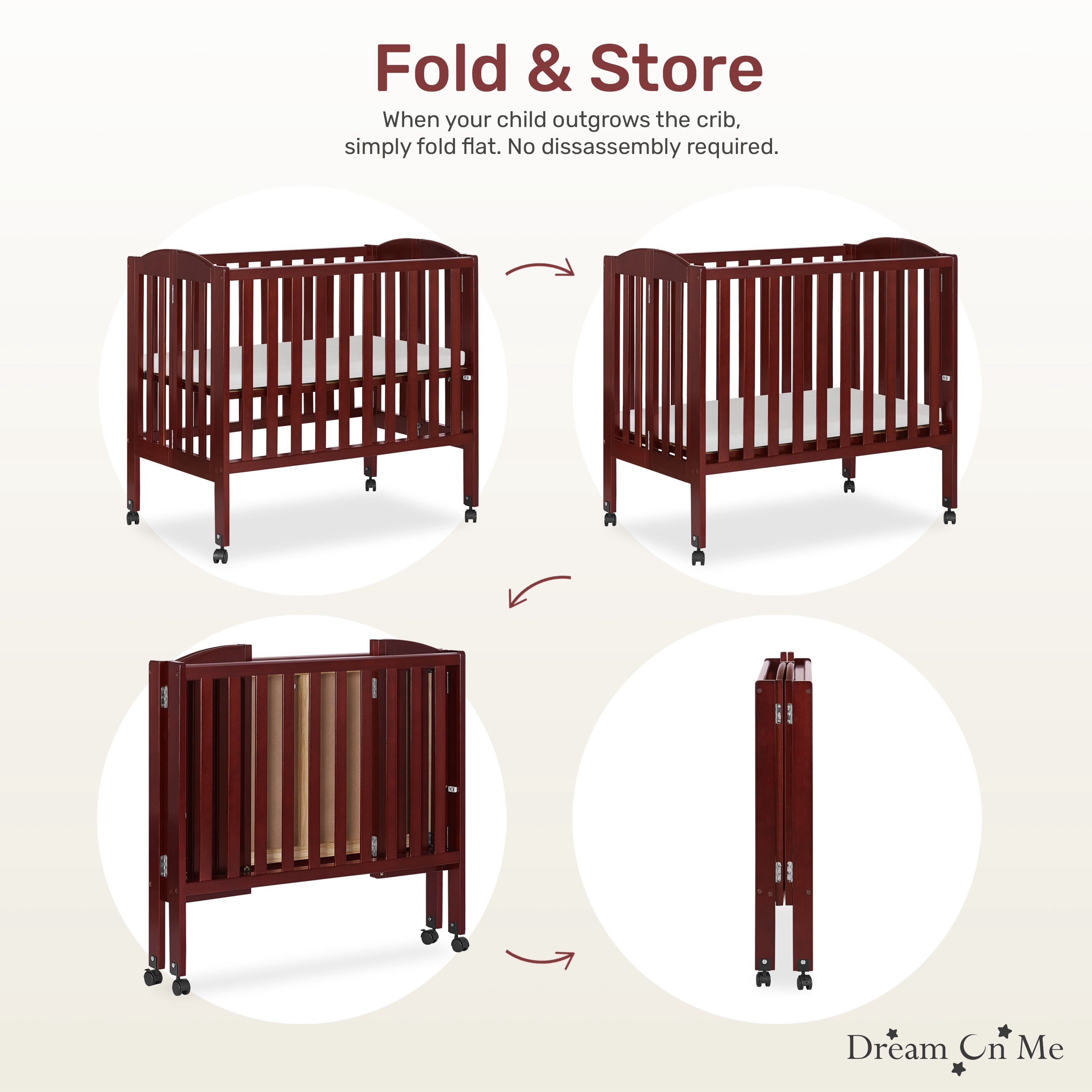 Dream On Me 2-in-1 Folding Portable Mini Crib, Cherry
