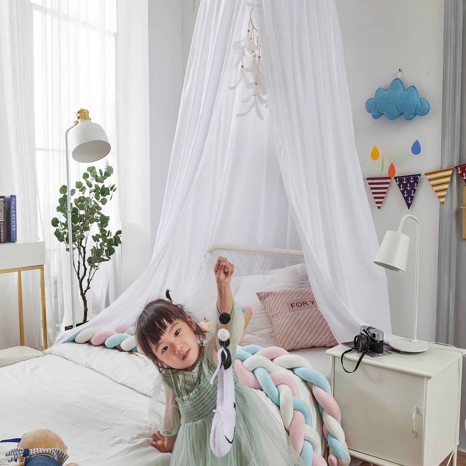 BUTORY Bed Canopy for Kids Soft Breathable Bed Curtain Canopy Round Dome Canopy Bed Cover Decorative Princess Hanging Canopy Oversized Large Curtain Canopy with Hook Adhesive