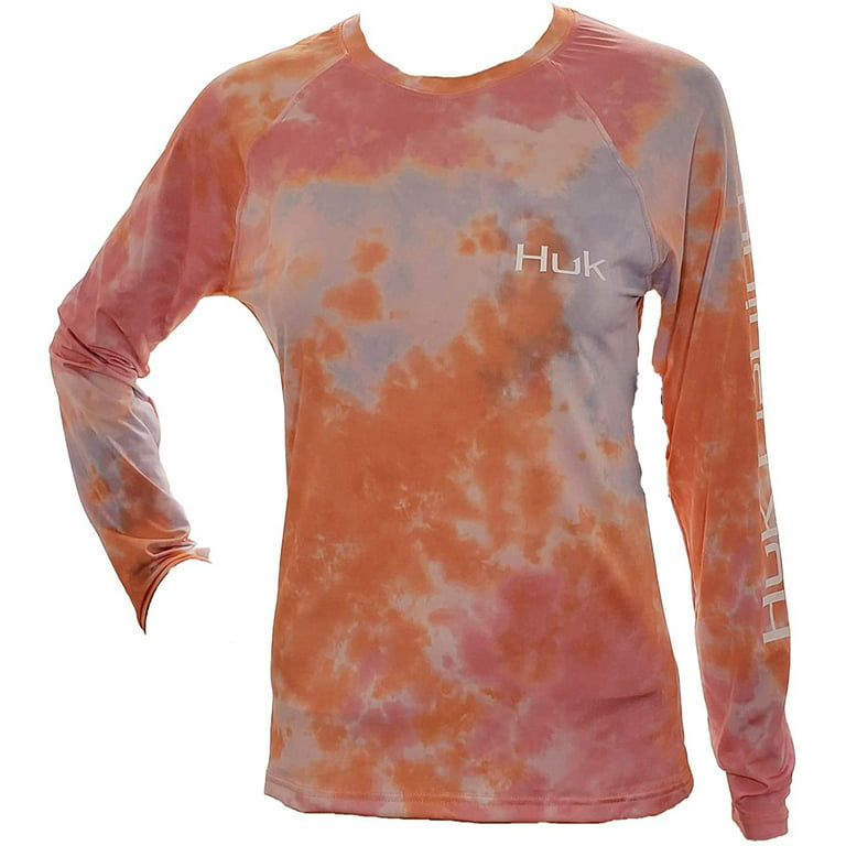 Huk Women's Tie Dye Pursuit Fusion Coral Large Long Sleeve Fishing Shirt 