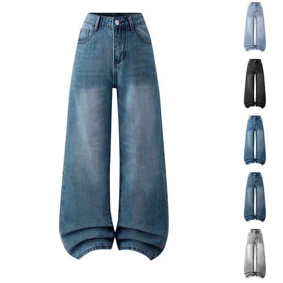 Cowsor Big Girls Adjustable Waist High Waist Wide Leg Loose Casual Jeans Comfortable Daily Wear Fashion Denim Trousers For 12-16 Years Old