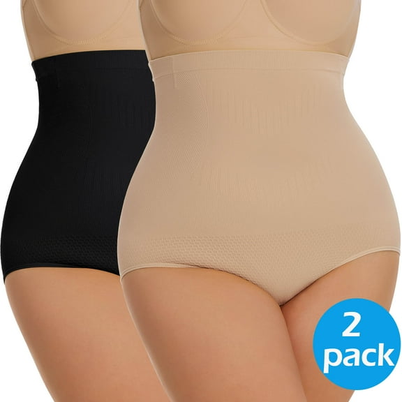 MANIFIQUE Plus Size Body Shaper Tummy Control Panty - Shapewear for Women, Black Beige, 2-Pack