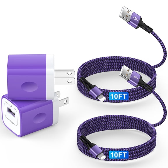 HAOANO USB Charger Block,2Pack Android Charger Block USB Power Adapter USB Wall Plug Fast Charging Block w/ USB Charging Cable 10FT Charger Cable Cords 10Feet Compatible for iPhone 14 13 12 11,Purple