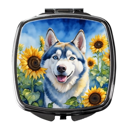 Siberian Husky in Sunflowers Compact Mirror 2.75 in x 3 in