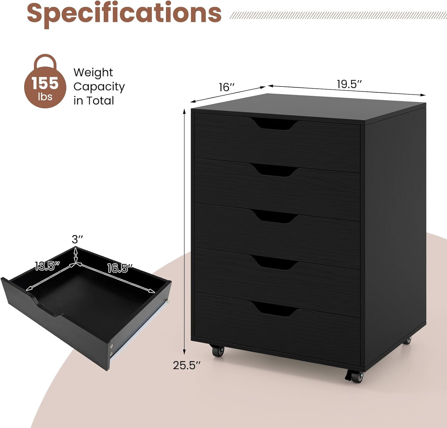 POWERSTONE 5 Drawers Chest Wood Storage Cabinets with Locking Wheels Filing Cabinet Under Desk Storage for Office Home, Black